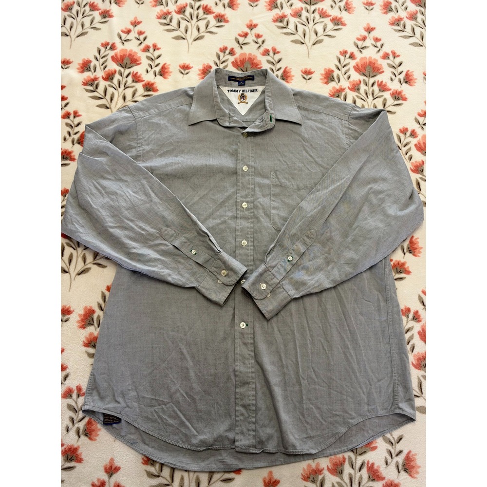 Tommy Hilfiger Mens Button Down Shirt 16 34-35 Blue White Micro Check Cotton